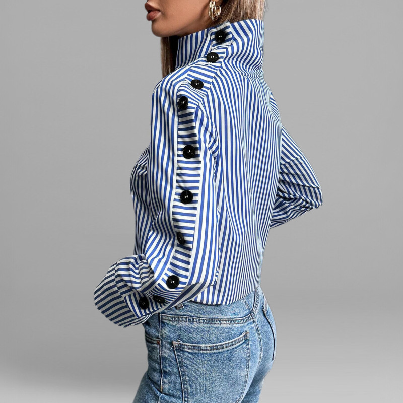 Women's Blue Striped High Neck Side Black Button Long Sleeve Blouse
