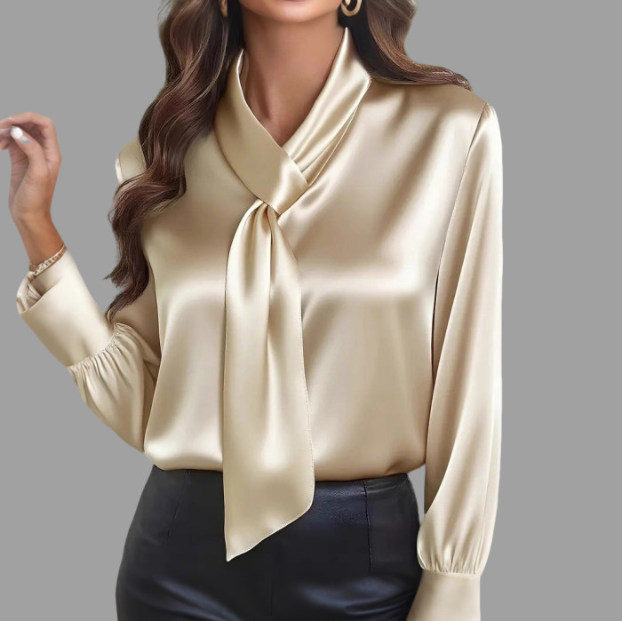 Women's Elegant Black Solid Color Tie Neck Long Sleeve Blouse