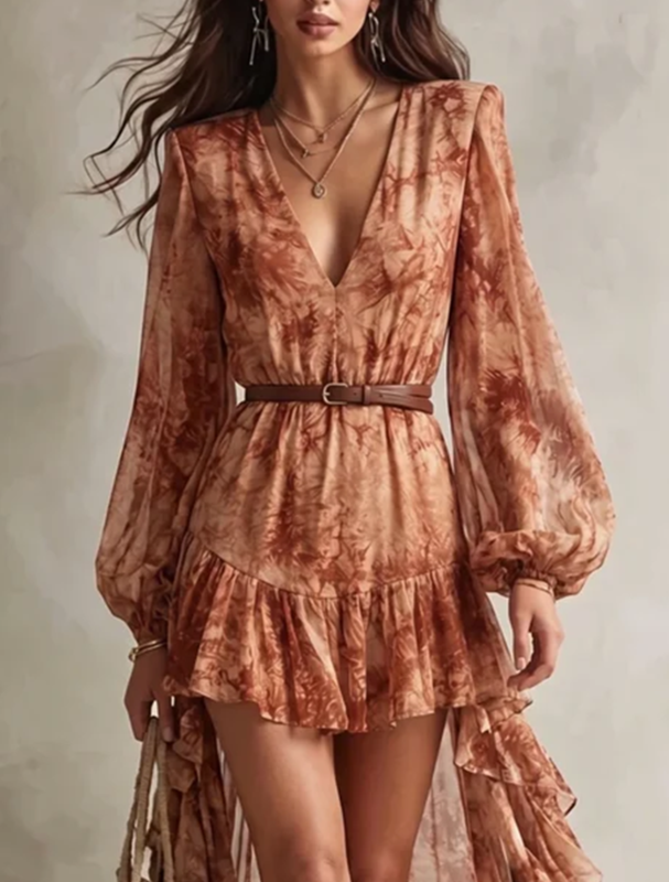 Terracotta Floral Print V Neck Long Sleeve High Low Mini Dress