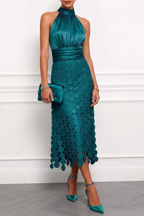 Satin Ruched Halter Neck Sleeveless Embroidered Polka Dot Hem Midi Dress