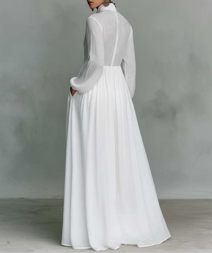 Cotton and Linen Patchwork Maxi Dress with High Collar and Long Sleeves