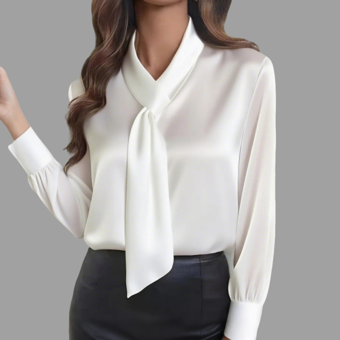 Women's Elegant Black Solid Color Tie Neck Long Sleeve Blouse