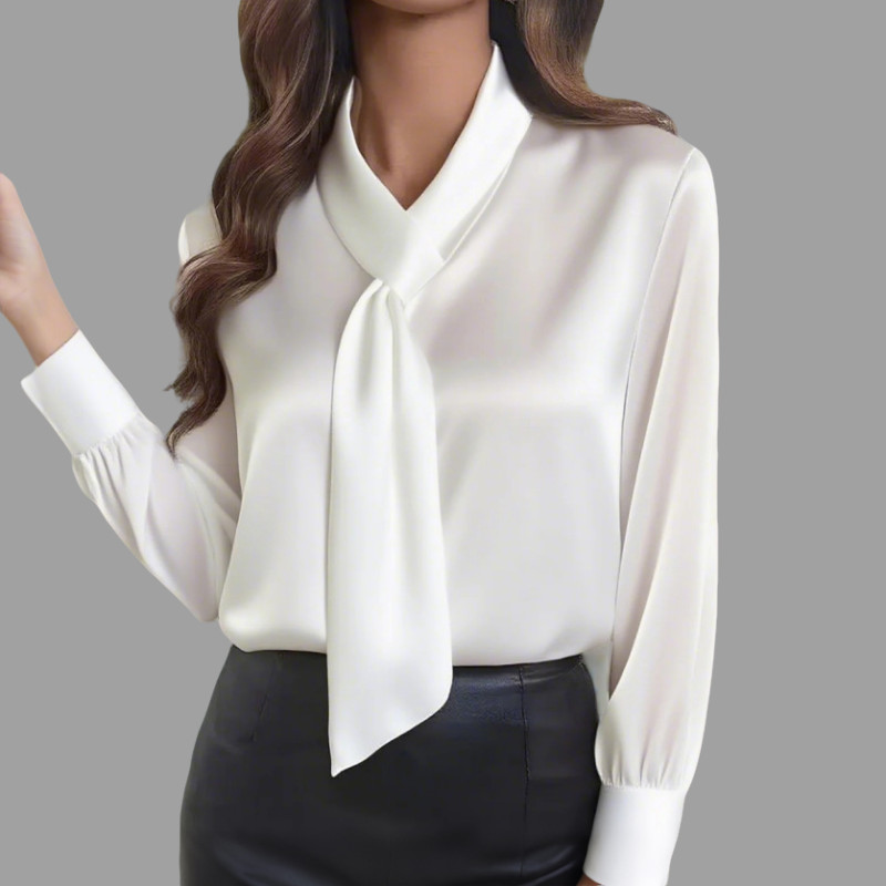 Women's Elegant Black Solid Color Tie Neck Long Sleeve Blouse