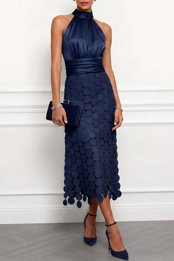 Satin Ruched Halter Neck Sleeveless Embroidered Polka Dot Hem Midi Dress