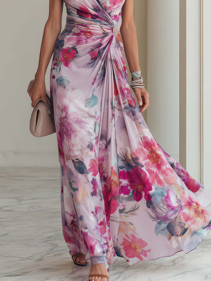 Elegant Crossover V-Neck Floral Printed Chiffon Maxi Dress