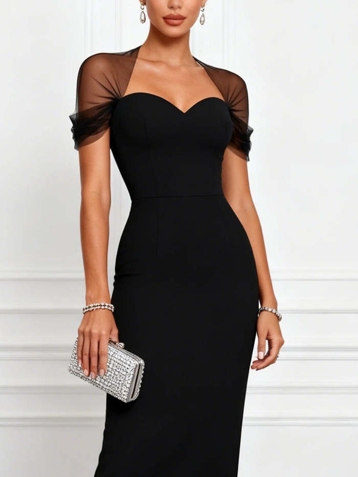Elegant Slim-Fit Midi Dress with Black Mesh Paneling