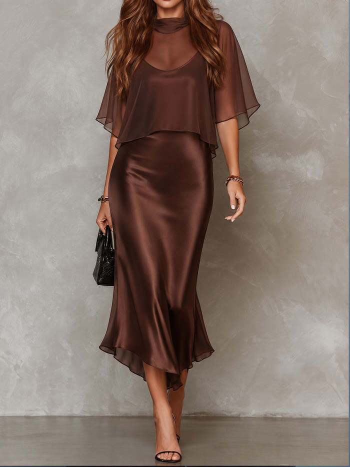 Brown Chiffon Blouse And Satin Midi Dress Two-piece Set