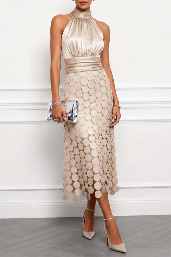 Satin Ruched Halter Neck Sleeveless Embroidered Polka Dot Hem Midi Dress