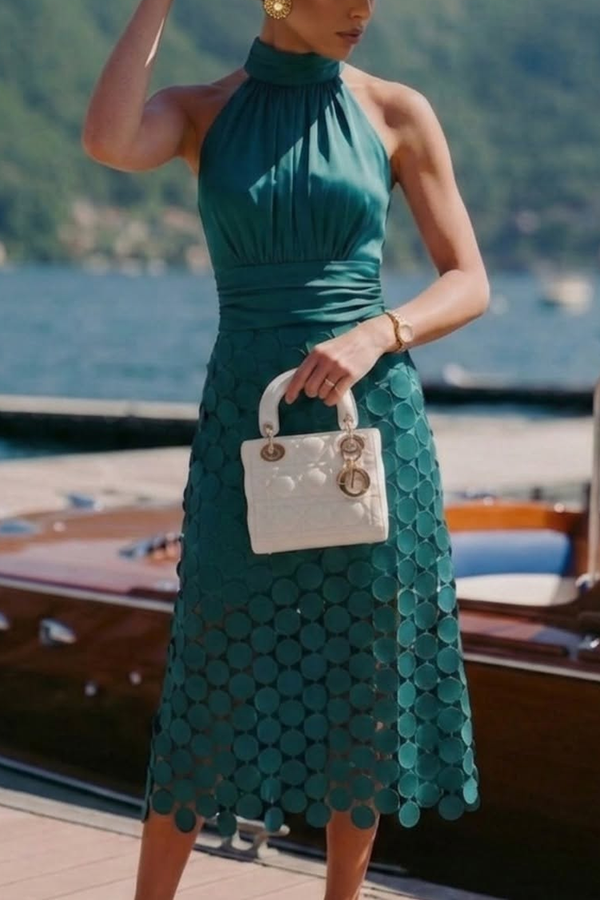 Satin Ruched Halter Neck Sleeveless Embroidered Polka Dot Hem Midi Dress