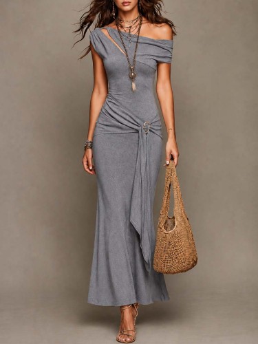 Asymmetric cut-out lace-up detail fishtail maxi dress