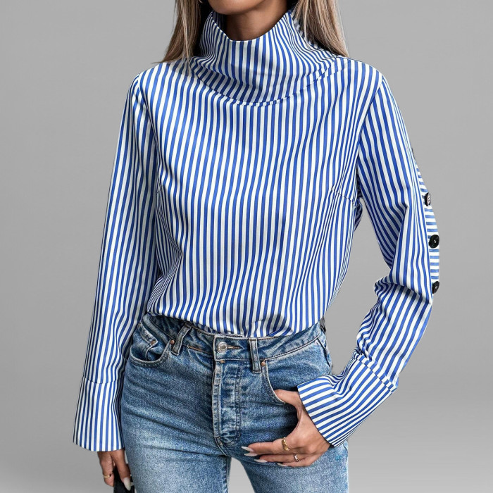 Women's Blue Striped High Neck Side Black Button Long Sleeve Blouse