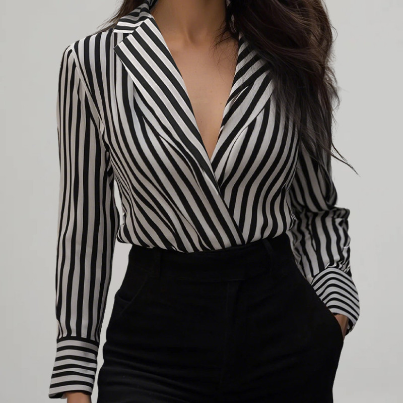 Women's Formal Black And White Striped Notch Lapel Wrap Hidden Button Long Sleeve Blouse