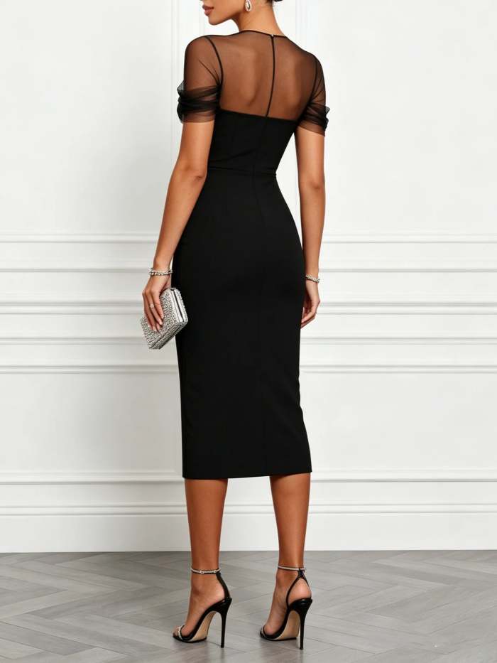 Elegant Slim-Fit Midi Dress with Black Mesh Paneling