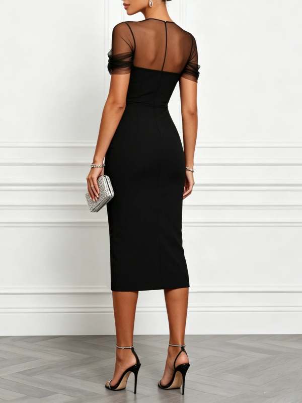 Elegant Slim-Fit Midi Dress with Black Mesh Paneling