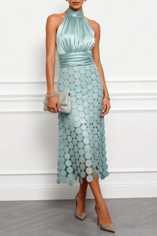 Satin Ruched Halter Neck Sleeveless Embroidered Polka Dot Hem Midi Dress
