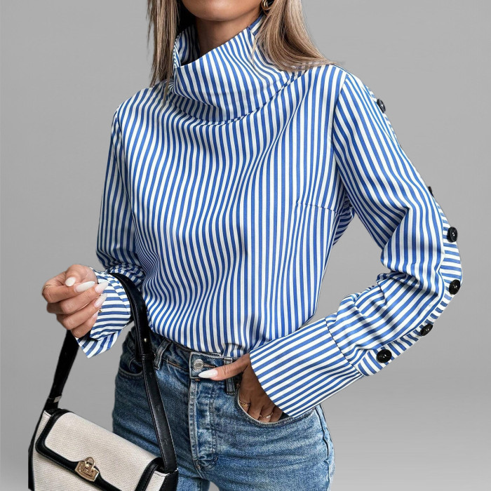 Women's Blue Striped High Neck Side Black Button Long Sleeve Blouse