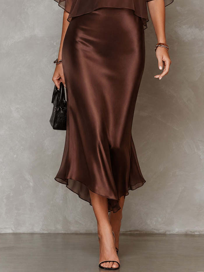 Brown Chiffon Blouse And Satin Midi Dress Two-piece Set