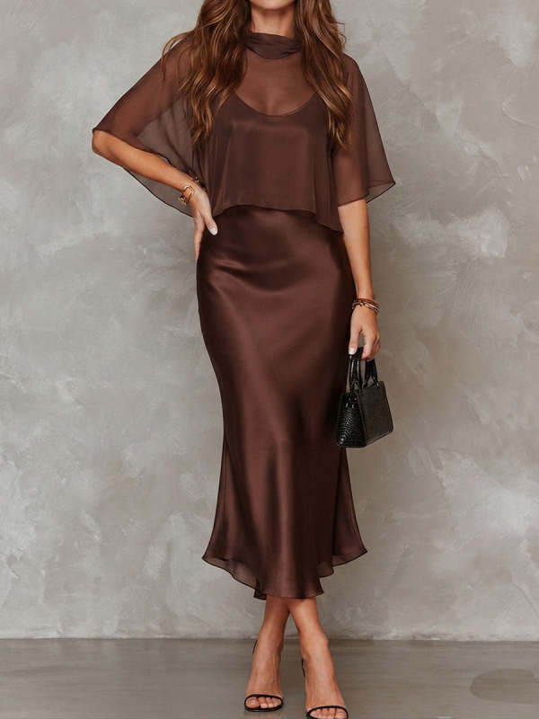 Brown Chiffon Blouse And Satin Midi Dress Two-piece Set