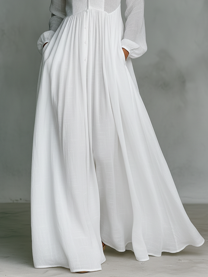 Cotton and Linen Patchwork Maxi Dress with High Collar and Long Sleeves