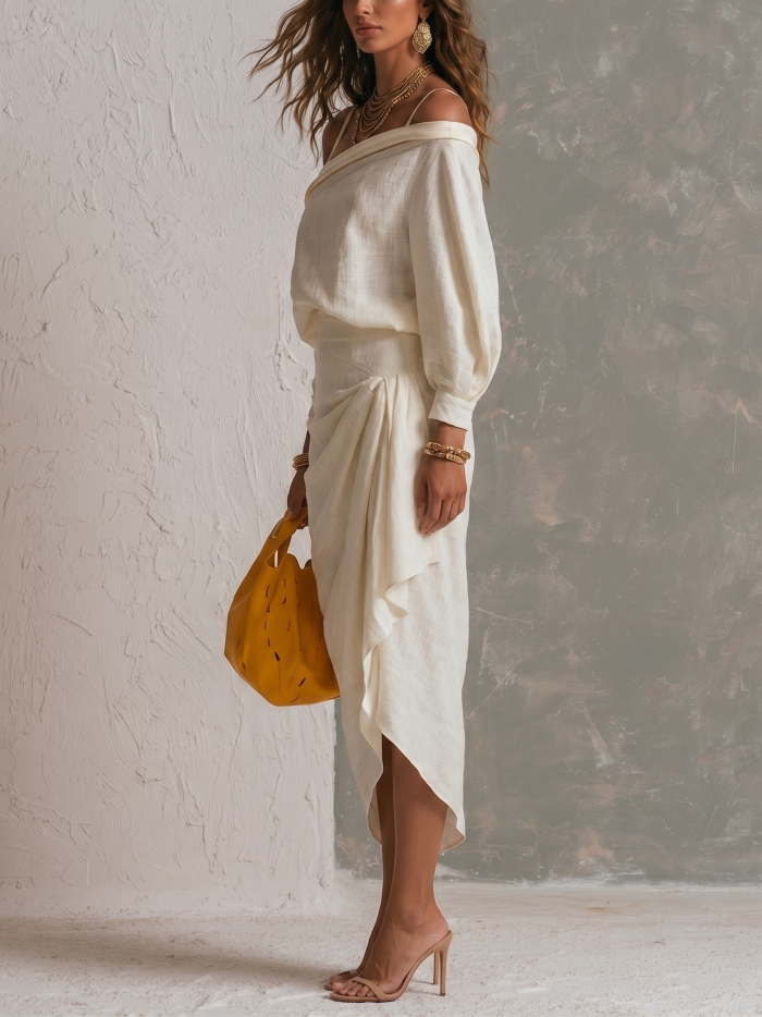 White Off-shoulder Top And Pleated Skirt Two-piece Set