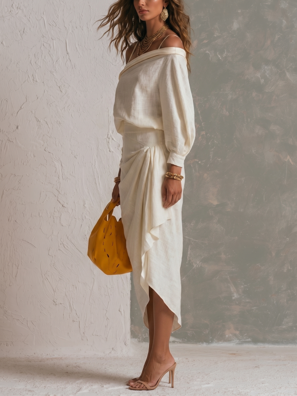 White Off-shoulder Top And Pleated Skirt Two-piece Set