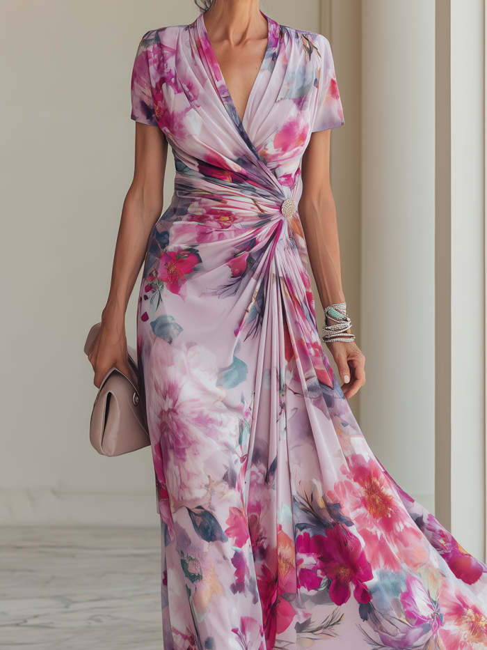Elegant Crossover V-Neck Floral Printed Chiffon Maxi Dress