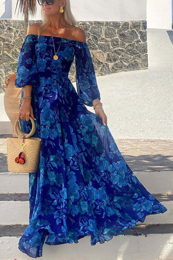 Blue Floral Off-Shoulder Maxi Dress