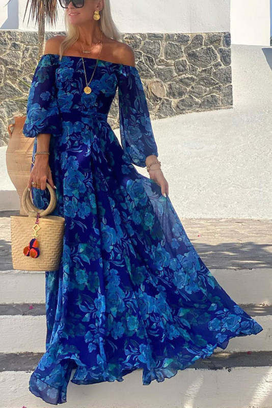 Blue Floral Off-Shoulder Maxi Dress