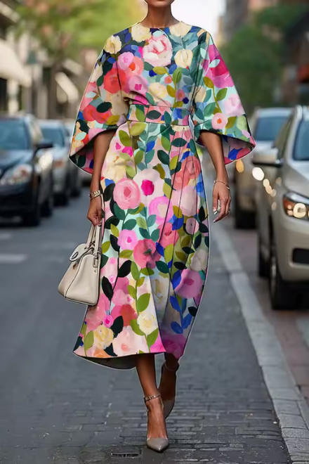 Artistic Floral Print Midi Dress
