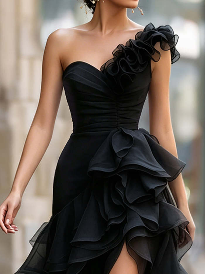 Black One-Shoulder Ruffled Evening Gown With Front Slit