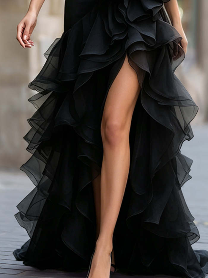 Black One-Shoulder Ruffled Evening Gown With Front Slit