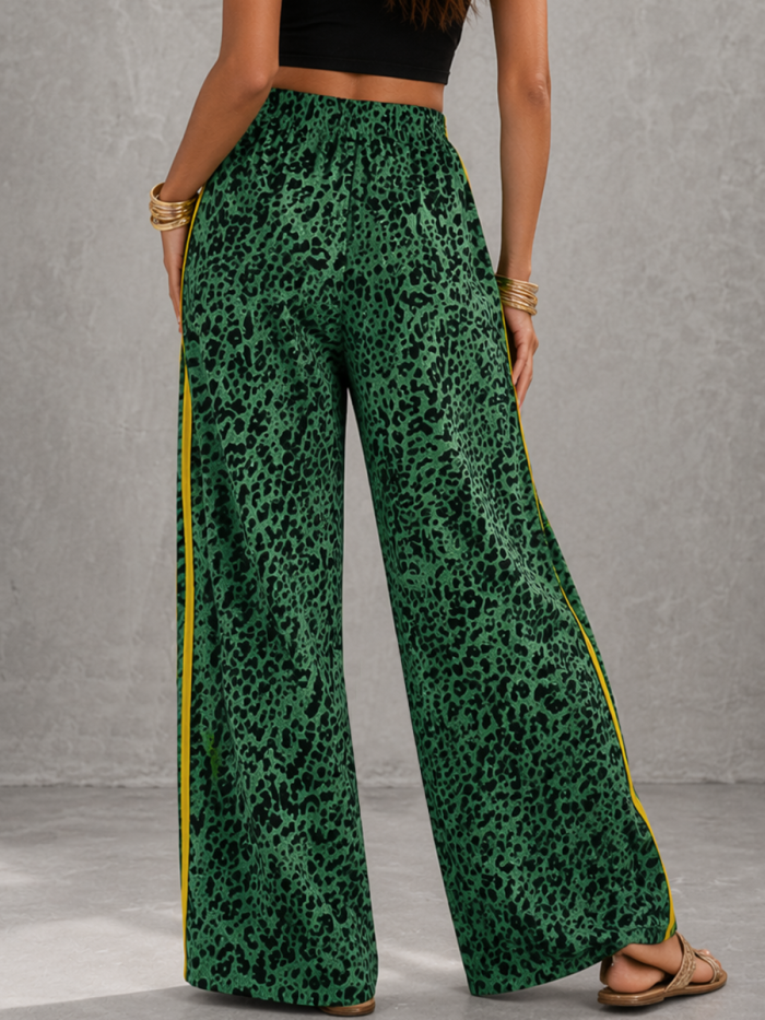 High Waisted Loose Contrast Color Drawstring Elasticity Leopard Pockets Striped Pants Trousers