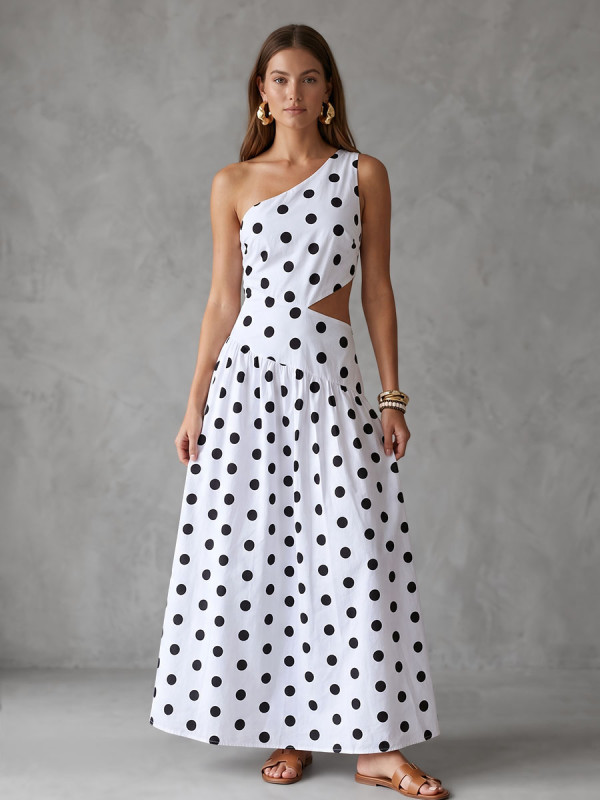 Irregularity Sleeveless Backless Contrast Color Polka Dot Split-Joint One-Shoulder Maxi Dresses
