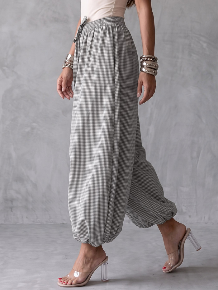 Loose Wide Leg Drawstring Elasticity Plaid Pockets Pants Trousers