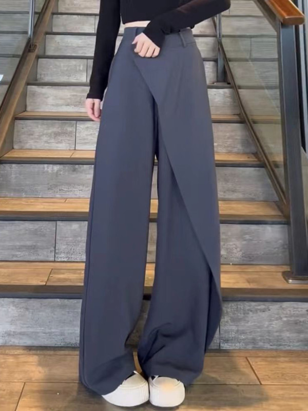 Split-Joint Solid Color Buttoned Wide Leg Irregularity Trousers Pants