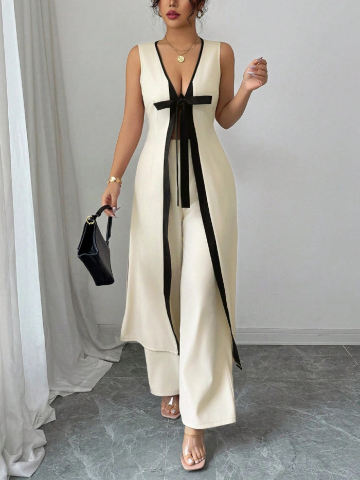 High Waisted Loose Contrast Color Tied Deep V-Neck Blouses&shirts Tops Pants Trousers Two Pieces Set