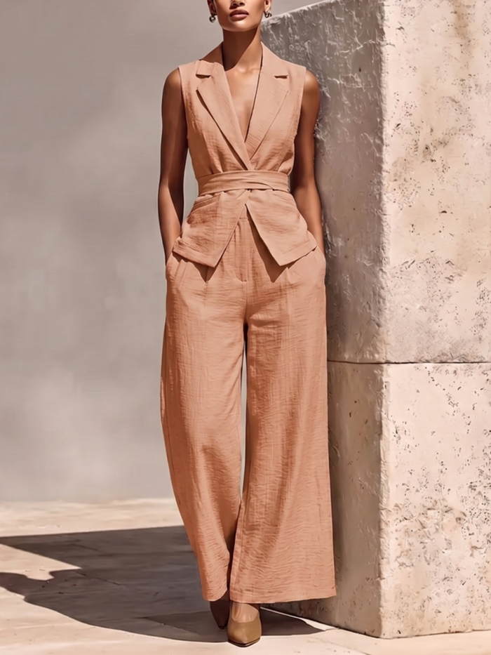 Solid Color Notched Collar Tied Sleeveless Vest Top + High Waisted Pockets Pants Trousers Two Pieces Set