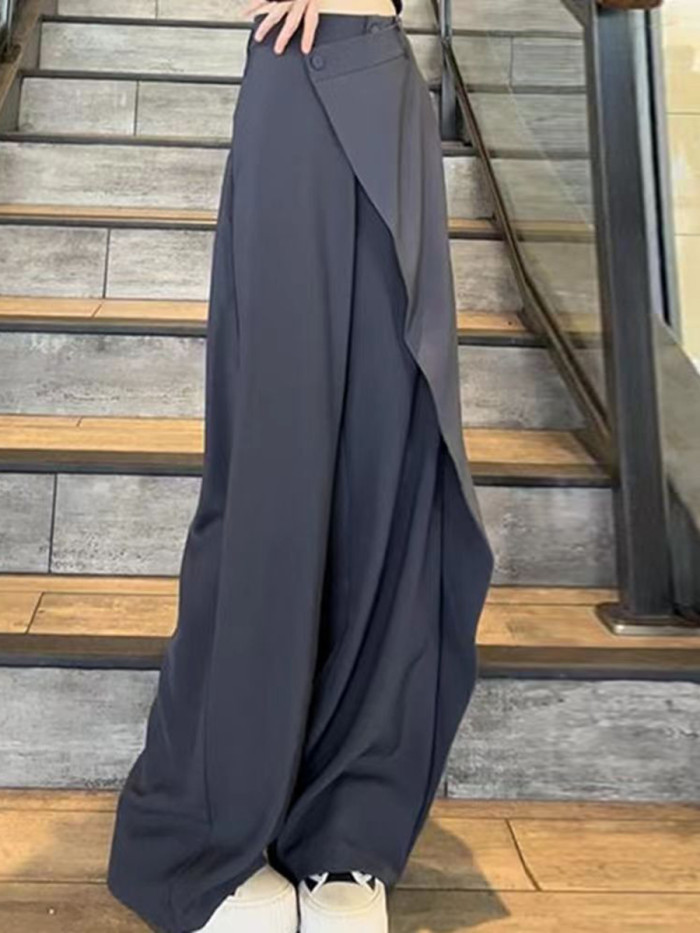 Split-Joint Solid Color Buttoned Wide Leg Irregularity Trousers Pants