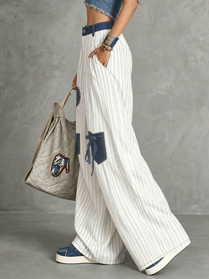 High Waisted Loose Buttoned Contrast Color Pockets Split-Joint Striped Tied Pants Trousers