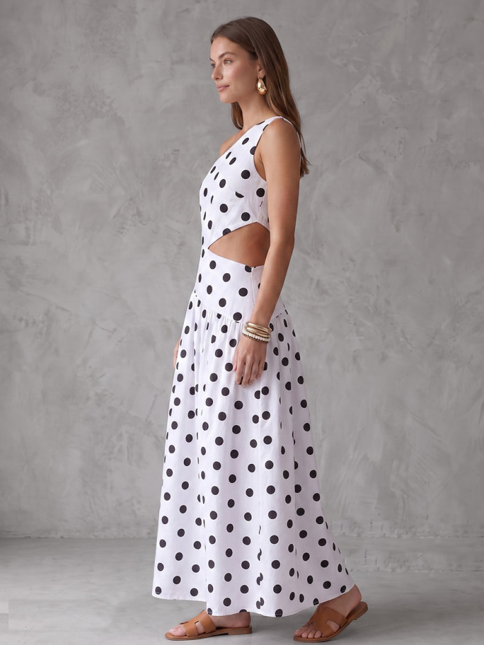 Irregularity Sleeveless Backless Contrast Color Polka Dot Split-Joint One-Shoulder Maxi Dresses