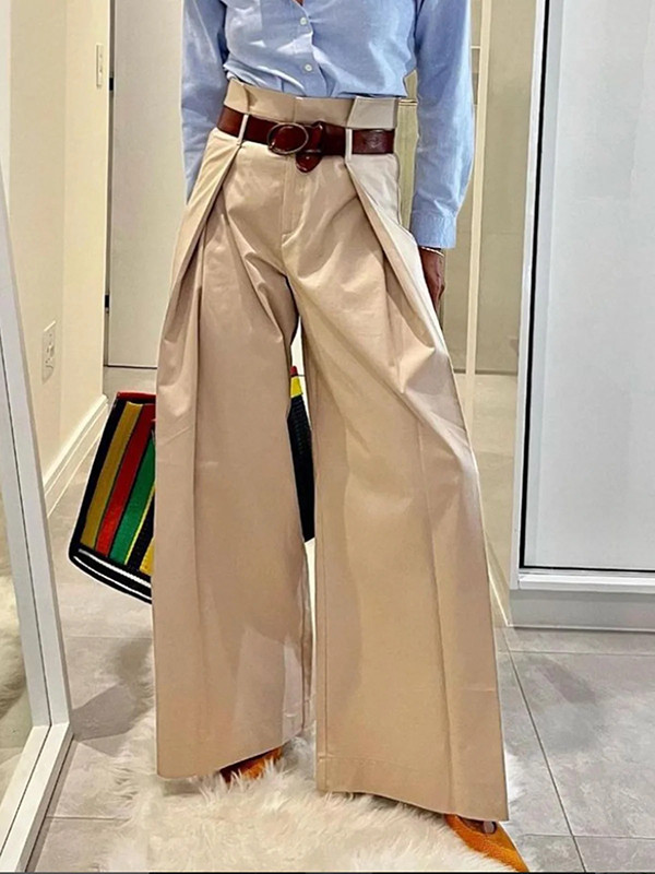 High Waisted Loose Pleated Solid Color Split-Joint Pants Trousers