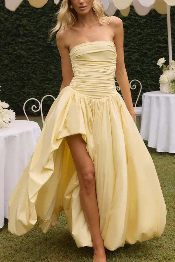 She Is Radiance Off Shoulder Ruched Back Lace-up Drape Bubble Hem Maxi Dress