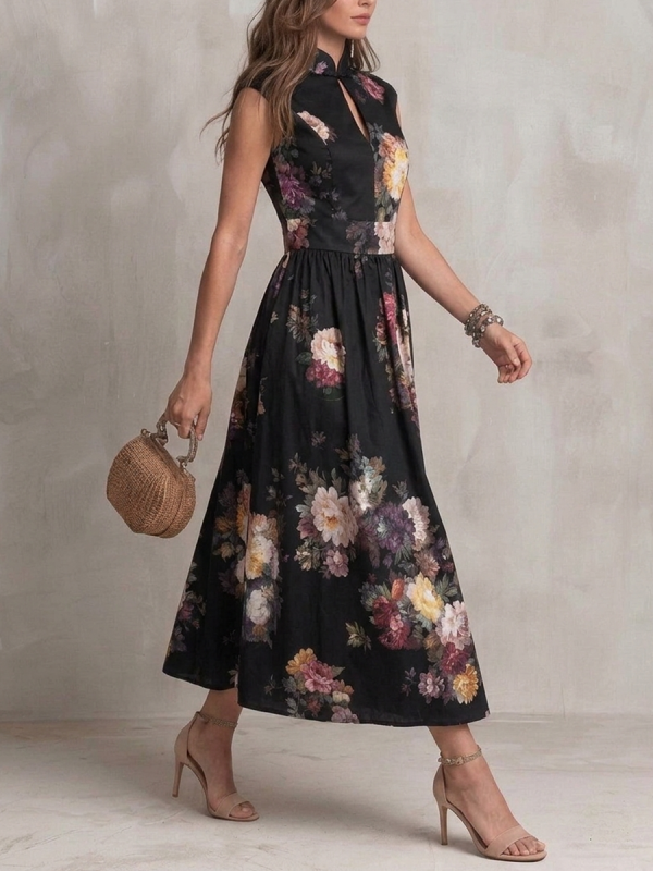 A-line Sleeveless Flower Print Hollow Pleated Pockets Split-Joint Stand Collar Maxi Dresses