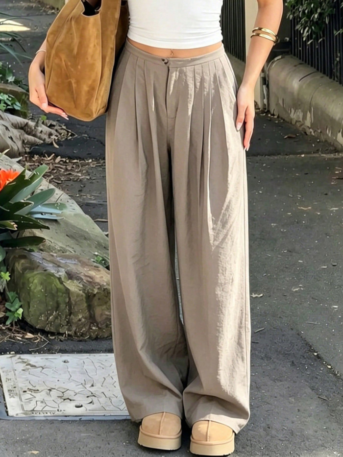 High Waisted Wide Leg Pleated Solid Color Pants Trousers
