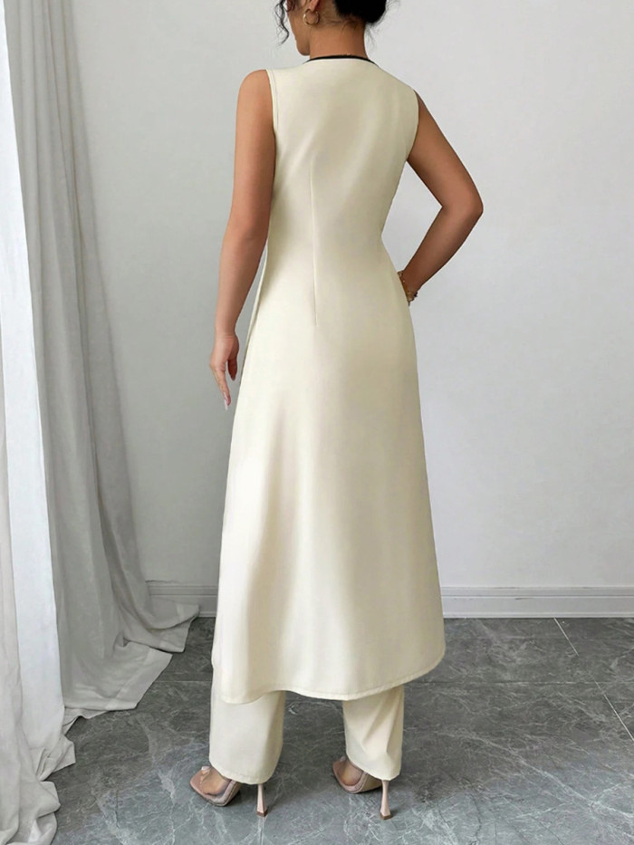 High Waisted Loose Contrast Color Tied Deep V-Neck Blouses&shirts Tops Pants Trousers Two Pieces Set