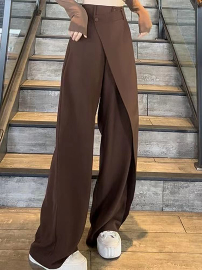Split-Joint Solid Color Buttoned Wide Leg Irregularity Trousers Pants