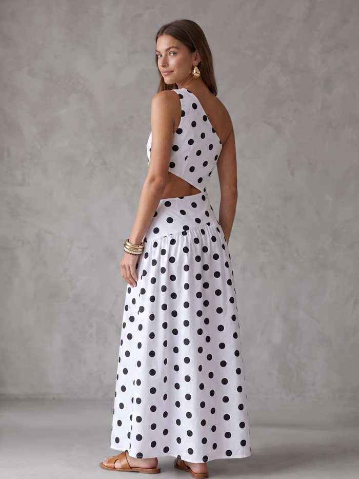 Irregularity Sleeveless Backless Contrast Color Polka Dot Split-Joint One-Shoulder Maxi Dresses