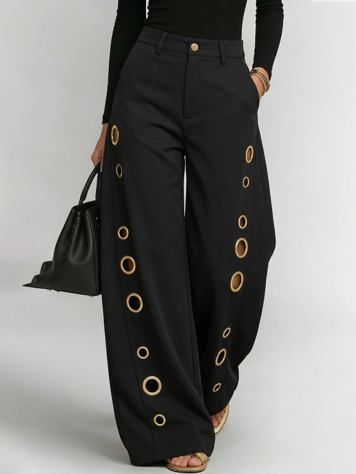 High Waisted Wide Leg Buttoned Hollow Pockets Solid Color Split-Joint Pants Trousers