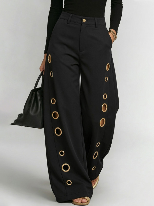 High Waisted Wide Leg Buttoned Hollow Pockets Solid Color Split-Joint Pants Trousers