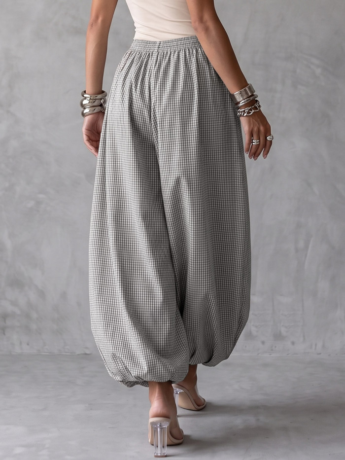 Loose Wide Leg Drawstring Elasticity Plaid Pockets Pants Trousers